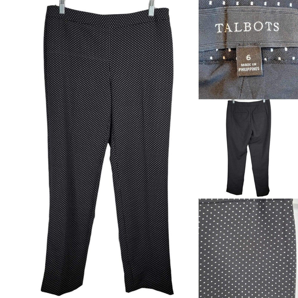 Talbots Chino Pants Women’s 6 Black Polka Dot Stretch Ankle Crop Zip Wool Blend
